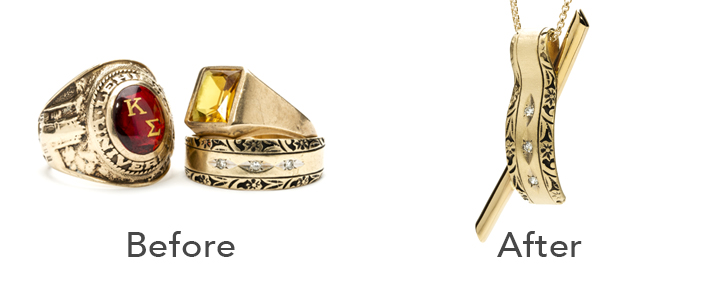 This before and after jewelry redesign involved transforming old class rings into a unique pendant necklace.