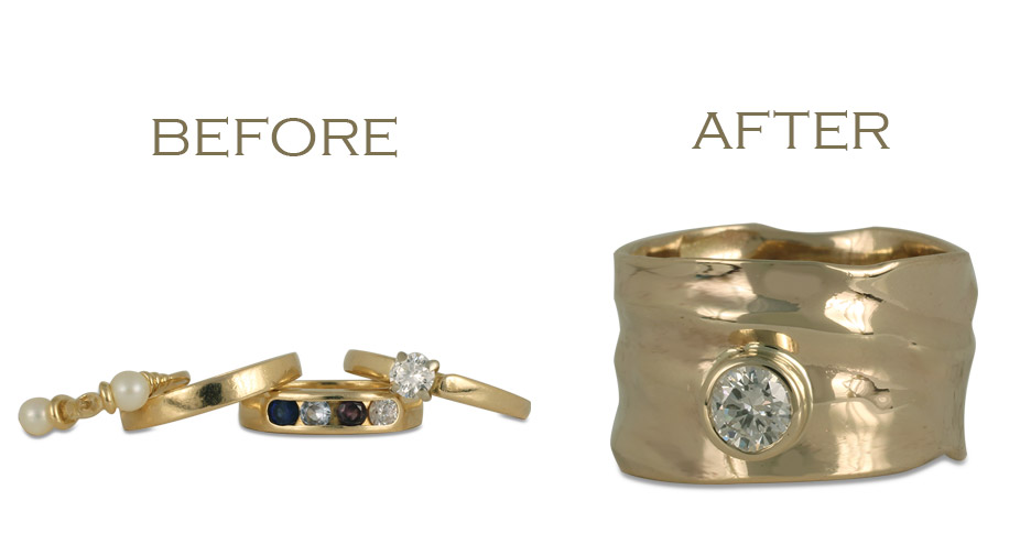 We can combine two rings into one—or even four rings into one, as shown here! We even reset the customer's old diamond in the new piece.