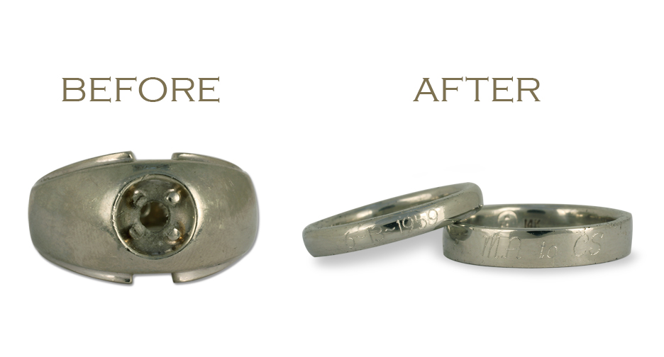 We can redesign wedding rings and engagement rings from old white gold jewelry, as shown here! We transformed this old white gold engagement ring into a brand new pair of white gold wedding rings.