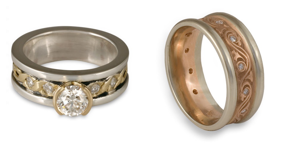 A two tone diamond engagement ring with yellow gold and white gold, and a two tone engagement ring with white and rose gold.