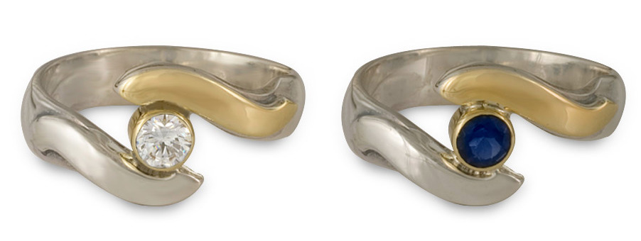Our Donegal Eye Two Tone Engagement Ring, pictured left with diamond and right with sapphire.