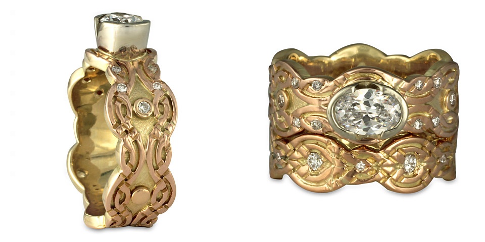 This Flow two tone engagement ring with rose gold and yellow gold is available as a bridal set.