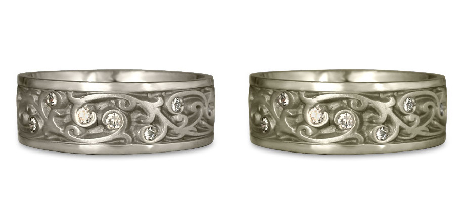 Our Garden Gate wedding ring is shown here in 14K white gold and 18K white gold for comparison.