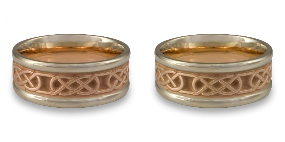 These two tone wedding rings with rose gold and white are slightly different: 14K rose and white gold on the left, 18K on the right!