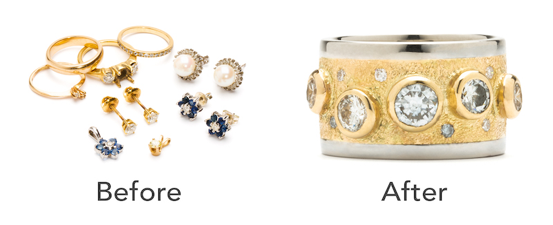 We reset a customer's diamonds from these earrings into a the new wide hammered ring shown.