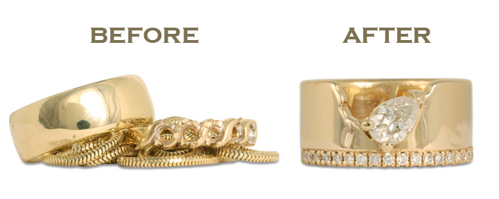 When combining two rings into one, the possibilities are wide open. We will work with you to create a one-of-a-kind ring design that speaks to you, and honors your loved one.