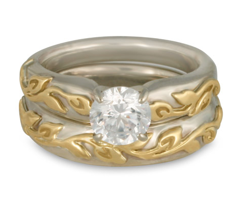 Flores Bridal Set of a Two Tone Wedding Band and Engagement Ring, handmade by Reflective Jewelry.