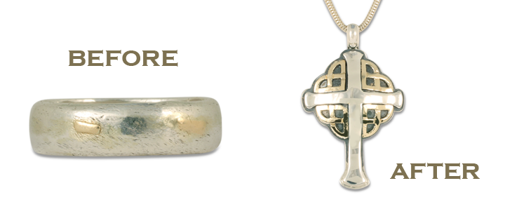 Before and after pictures showing a gold ring repurposed into a Celtic cross necklace pendant.