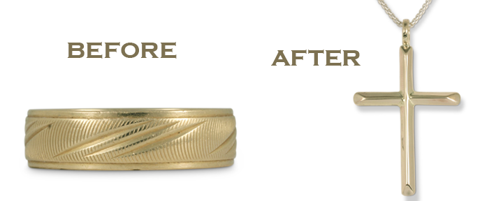 Before and after photos of redesigning a wedding ring into a simple cross pendant necklace.