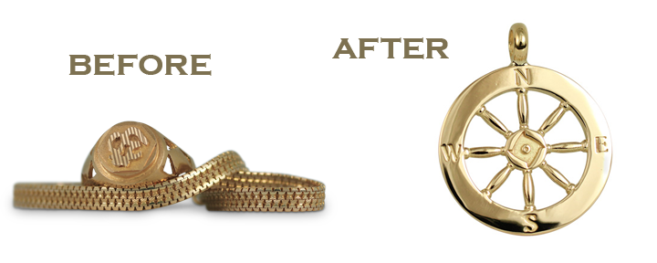 This jewelry transformation project involved melting down an old gold chain and creating an entirely custom gold necklace pendant reusing this old material.