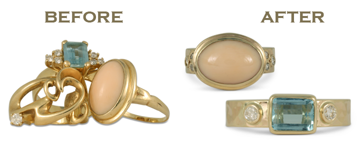 Left: a customer's old jewelry. Right: the two new rings we creating by reusing their gold and resetting their gemstones.